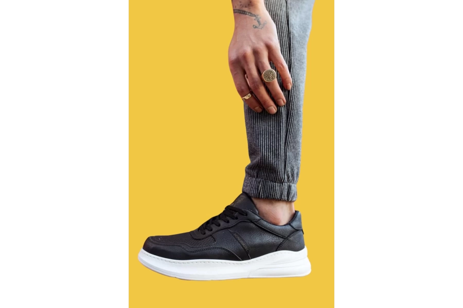 Shoecide Bağcıklı Delikli Desen Rahat Yüksek Taban Siyah Erkek Günlük Ayakkabı 707