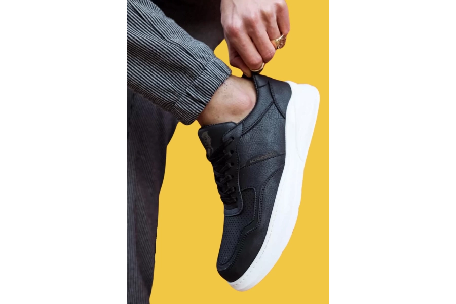 Shoecide Bağcıklı Delikli Desen Rahat Yüksek Taban Siyah Erkek Günlük Ayakkabı 707