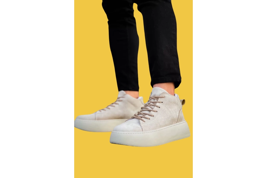 Shoecide Bağcıklı Erkek Yüksek Taban İthal Süet Krem Spor Bot
