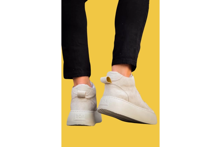 Shoecide Bağcıklı Erkek Yüksek Taban İthal Süet Krem Spor Bot