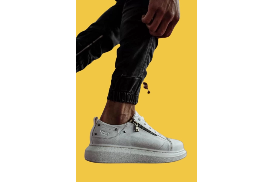 Shoecide Bağcıklı Fermuarlı Yüksek Taban Beyaz Erkek Günlük Ayakkabı 555