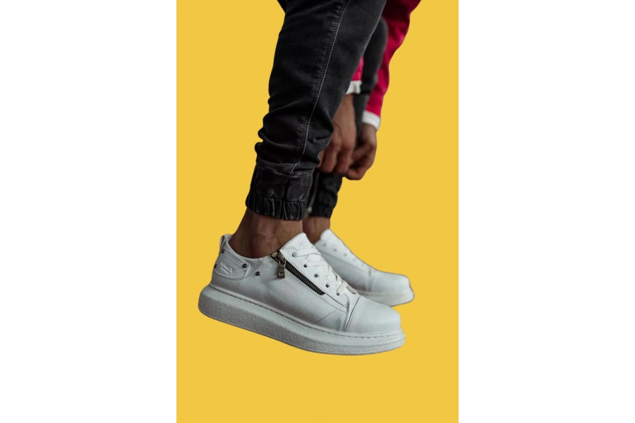 Shoecide Bağcıklı Fermuarlı Yüksek Taban Beyaz Erkek Günlük Ayakkabı 555