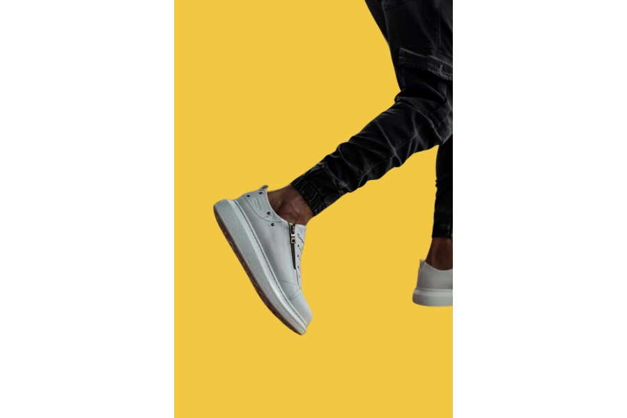 Shoecide Bağcıklı Fermuarlı Yüksek Taban Beyaz Erkek Günlük Ayakkabı 555