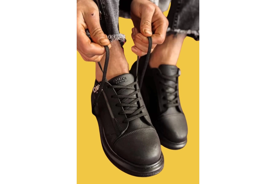 Shoecide Bağcıklı Fermuarlı Yüksek Taban Siyah Erkek Günlük Ayakkabı 555 (siyah Taban)