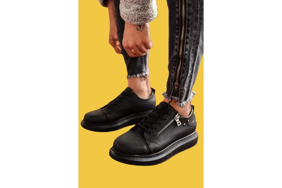 Shoecide Bağcıklı Fermuarlı Yüksek Taban Siyah Erkek Günlük Ayakkabı 555 (siyah Taban)