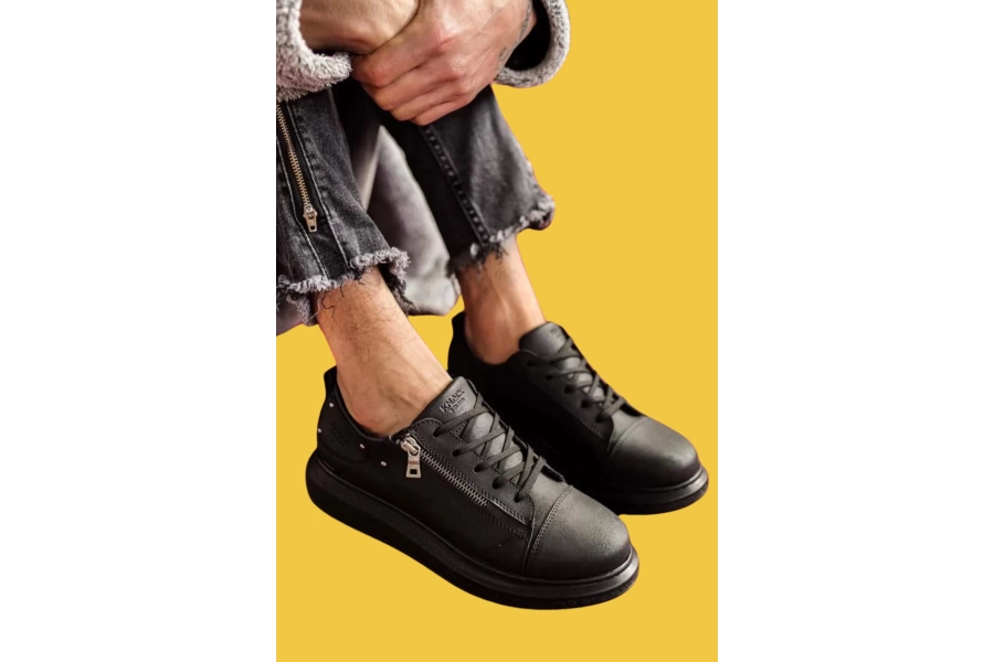 Shoecide Bağcıklı Fermuarlı Yüksek Taban Siyah Erkek Günlük Ayakkabı 555 (siyah Taban)