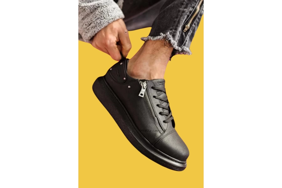 Shoecide Bağcıklı Fermuarlı Yüksek Taban Siyah Erkek Günlük Ayakkabı 555 (siyah Taban)