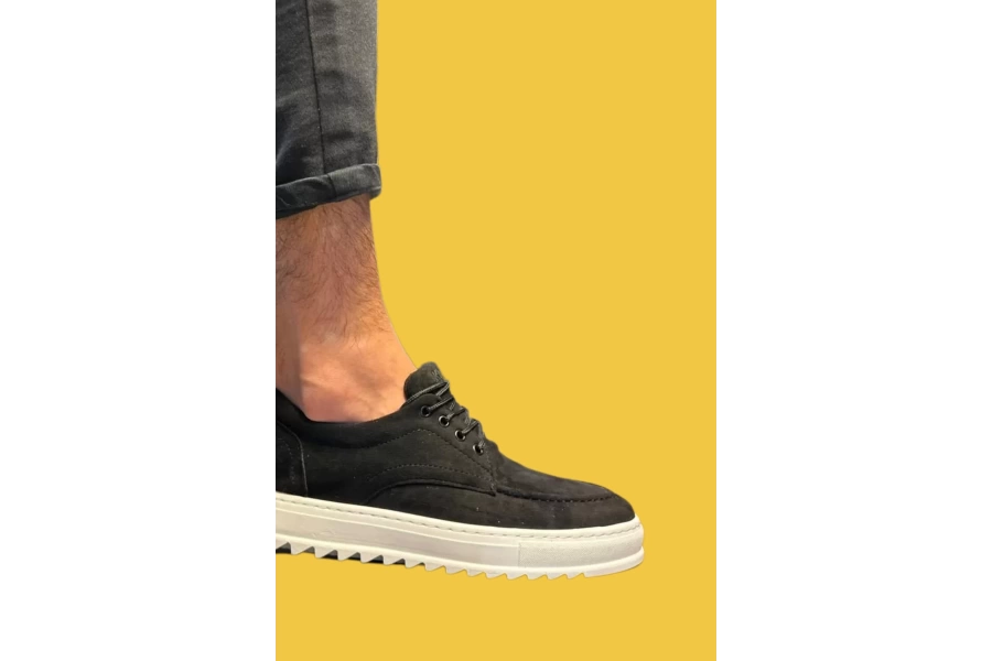 Shoecide Bağcıklı Kalın Yüksek Taban Siyah Süet Erkek Günlük Ayakkabı T12 (beyaz Taban)