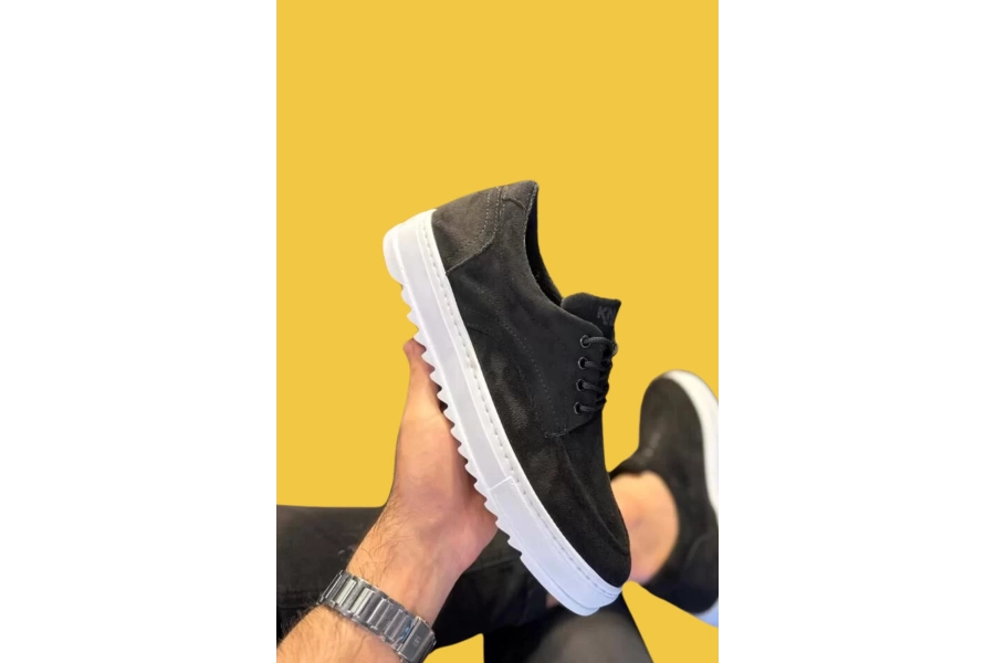 Shoecide Bağcıklı Kalın Yüksek Taban Siyah Süet Erkek Günlük Ayakkabı T12 (beyaz Taban)