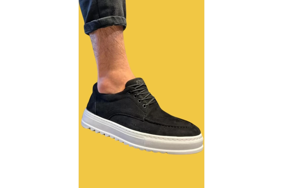 Shoecide Bağcıklı Kalın Yüksek Taban Siyah Süet Erkek Günlük Ayakkabı T12 (beyaz Taban)