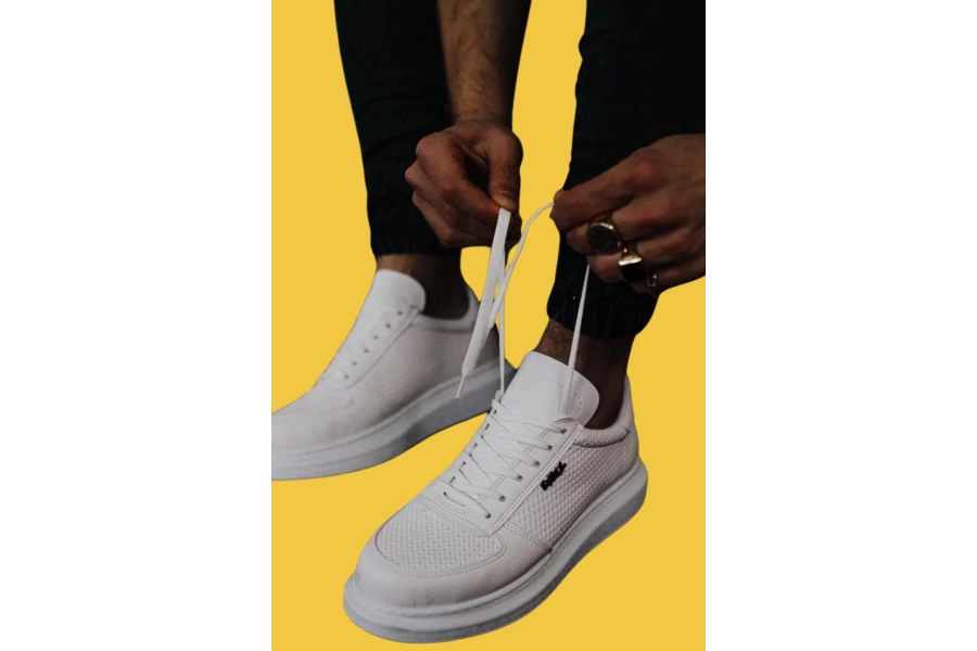 Shoecide Bağcıklı Rahat Yüksek Taban Delikli Desen Beyaz Erkek Günlük Ayakkabı 042