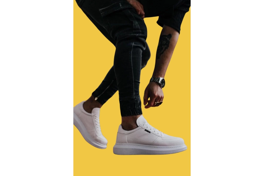 Shoecide Bağcıklı Rahat Yüksek Taban Delikli Desen Beyaz Erkek Günlük Ayakkabı 042