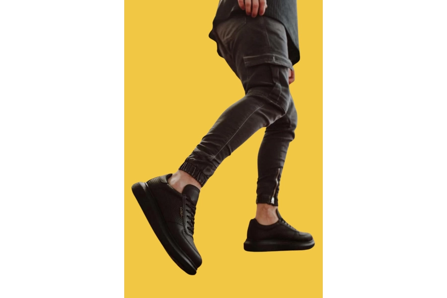 Shoecide Bağcıklı Rahat Yüksek Taban Delikli Desen Siyah Erkek Günlük Ayakkabı 042 (siyah Taban)