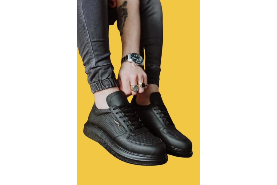 Shoecide Bağcıklı Rahat Yüksek Taban Delikli Desen Siyah Erkek Günlük Ayakkabı 042 (siyah Taban)