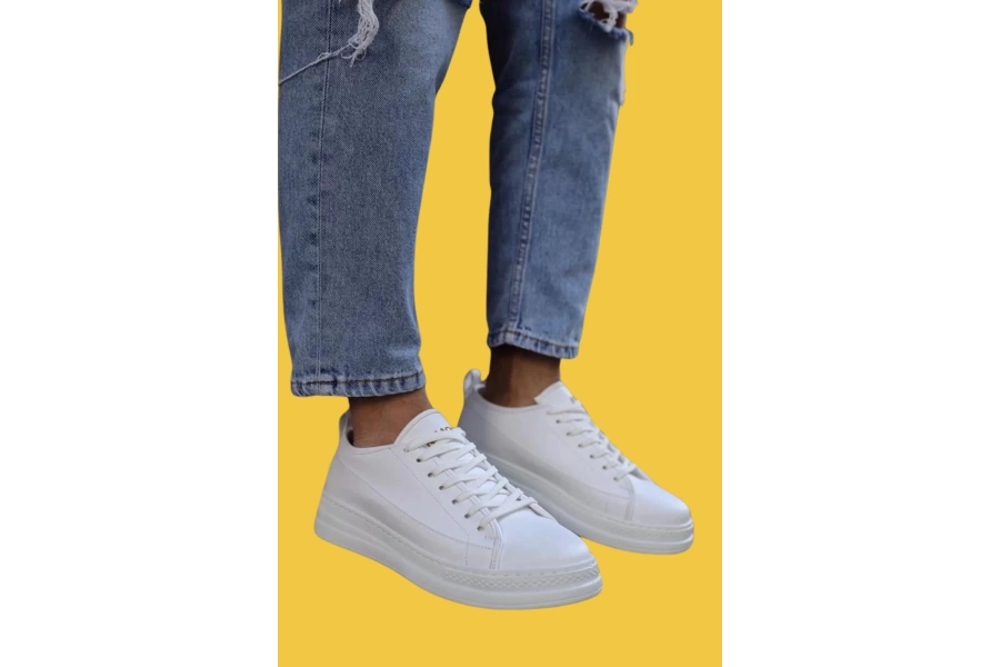 Shoecide Bağcıklı Rahat Yüksek Taban Erkek Beyaz Sneakers Ayakkabı 010