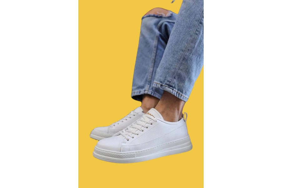 Shoecide Bağcıklı Rahat Yüksek Taban Erkek Beyaz Sneakers Ayakkabı 010