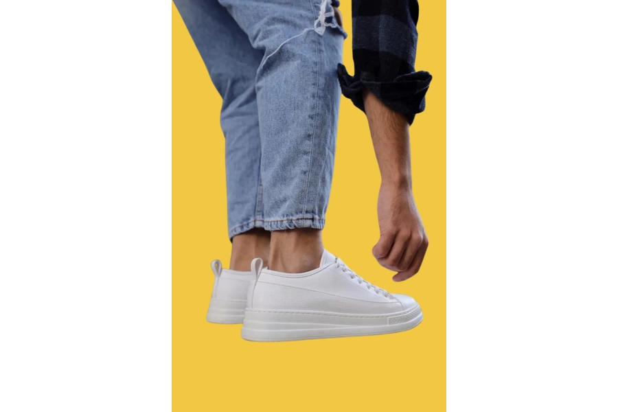 Shoecide Bağcıklı Rahat Yüksek Taban Erkek Beyaz Sneakers Ayakkabı 010