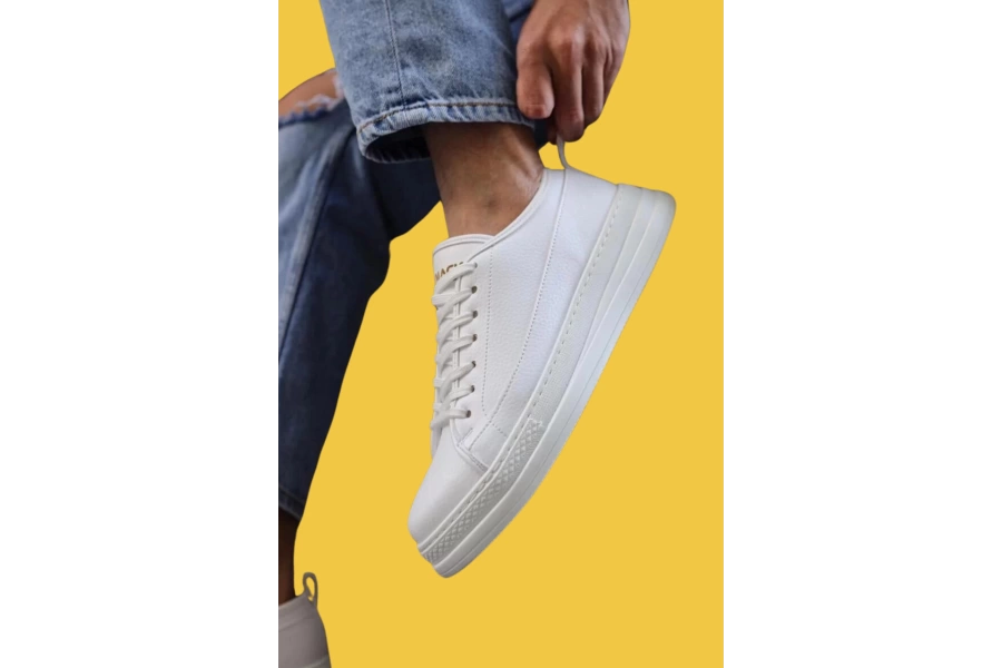 Shoecide Bağcıklı Rahat Yüksek Taban Erkek Beyaz Sneakers Ayakkabı 010