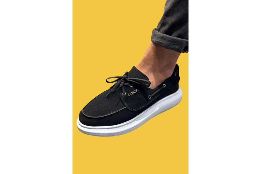 Shoecide Bağcıklı Rahat Yüksek Taban Mevsimlik Siyah Erkek Süet Ayakkabı 009 (beyaz Taban)