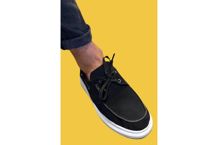 Shoecide Bağcıklı Rahat Yüksek Taban Mevsimlik Siyah Erkek Süet Ayakkabı 009 (beyaz Taban)