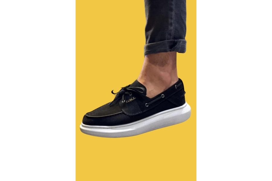 Shoecide Bağcıklı Rahat Yüksek Taban Mevsimlik Siyah Erkek Süet Ayakkabı 009 (beyaz Taban)