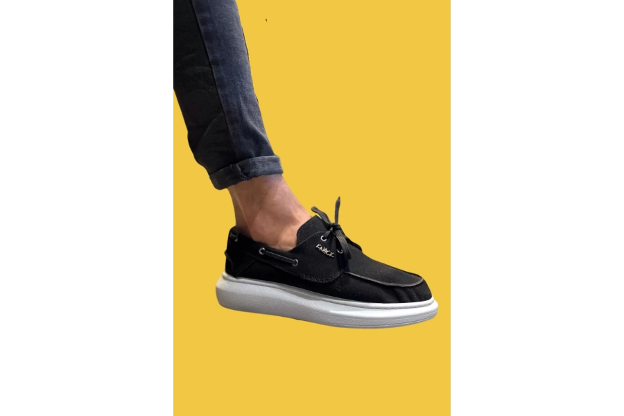 Shoecide Bağcıklı Rahat Yüksek Taban Mevsimlik Siyah Erkek Süet Ayakkabı 009 (beyaz Taban)