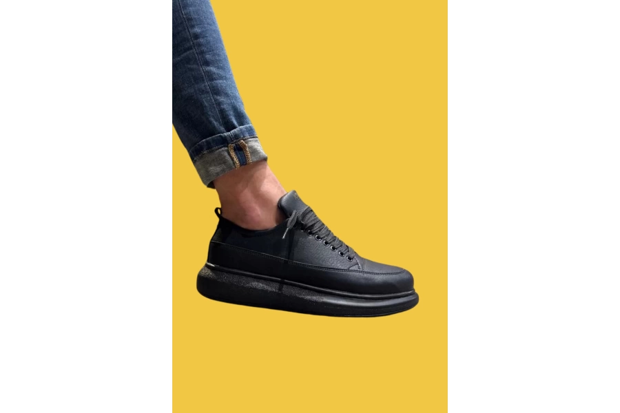 Shoecide Bağcıklı Rahat Yüksek Taban Siyah Erkek Günlük Ayakkabı 814 (siyah Taban)