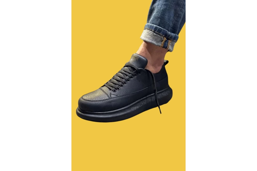 Shoecide Bağcıklı Rahat Yüksek Taban Siyah Erkek Günlük Ayakkabı 814 (siyah Taban)