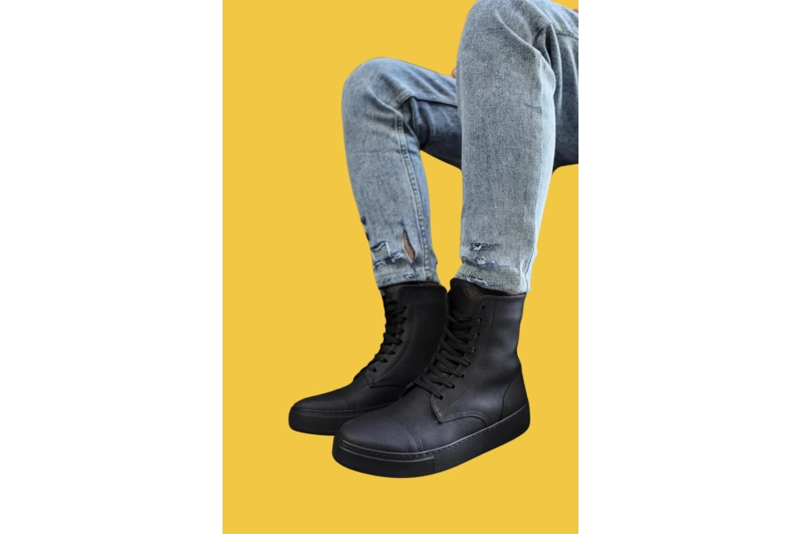 Shoecide Bağcıklı Rahat Yüksek Taban Siyah Erkek Spor Bot 022 (siyah Taban)