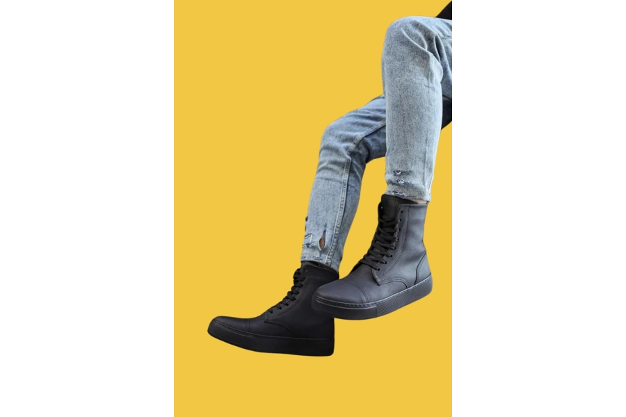 Shoecide Bağcıklı Rahat Yüksek Taban Siyah Erkek Spor Bot 022 (siyah Taban)