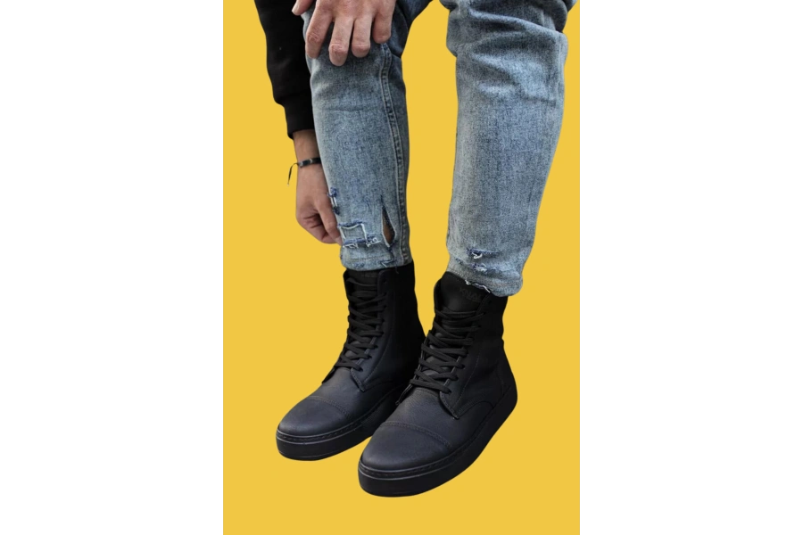 Shoecide Bağcıklı Rahat Yüksek Taban Siyah Erkek Spor Bot 022 (siyah Taban)