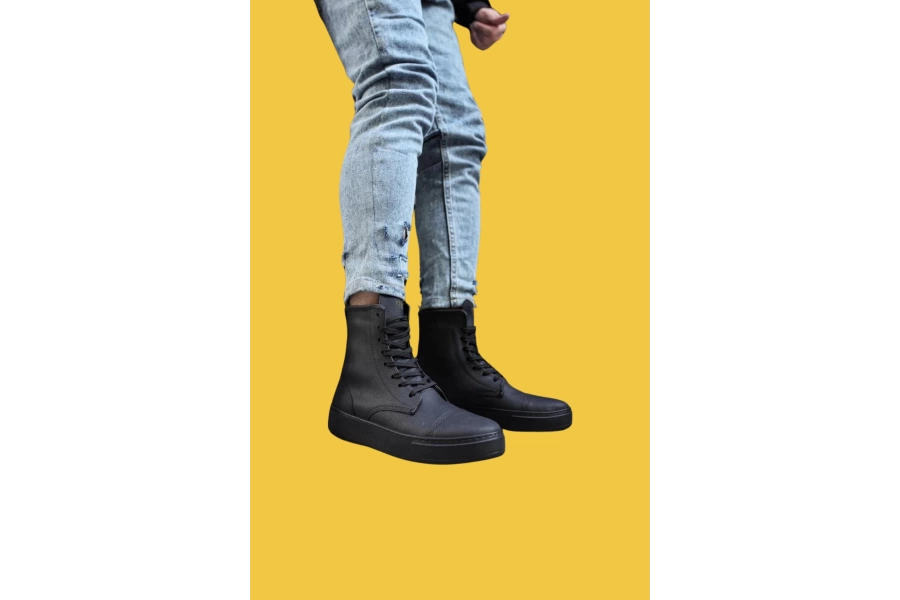 Shoecide Bağcıklı Rahat Yüksek Taban Siyah Erkek Spor Bot 022 (siyah Taban)