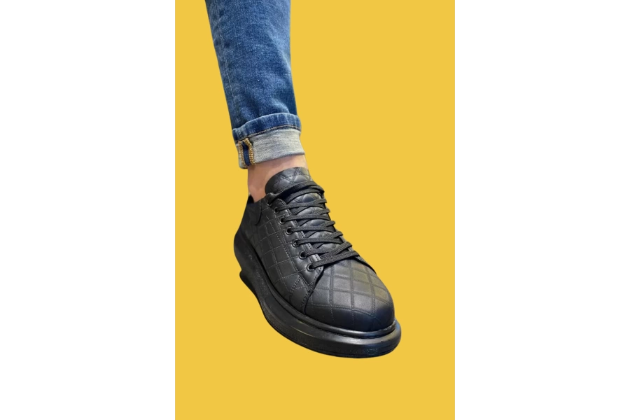 Shoecide Bağcıklı Rahat Yüksek Taban Siyah Kapitone Desen Erkek Günlük Ayakkabı 044 (siyah Taban)