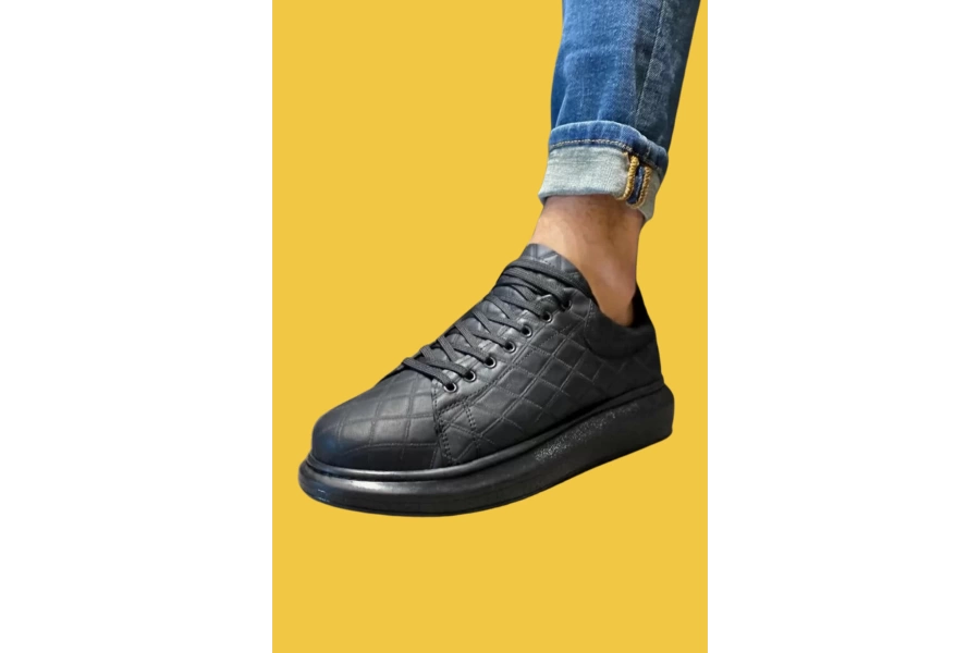 Shoecide Bağcıklı Rahat Yüksek Taban Siyah Kapitone Desen Erkek Günlük Ayakkabı 044 (siyah Taban)