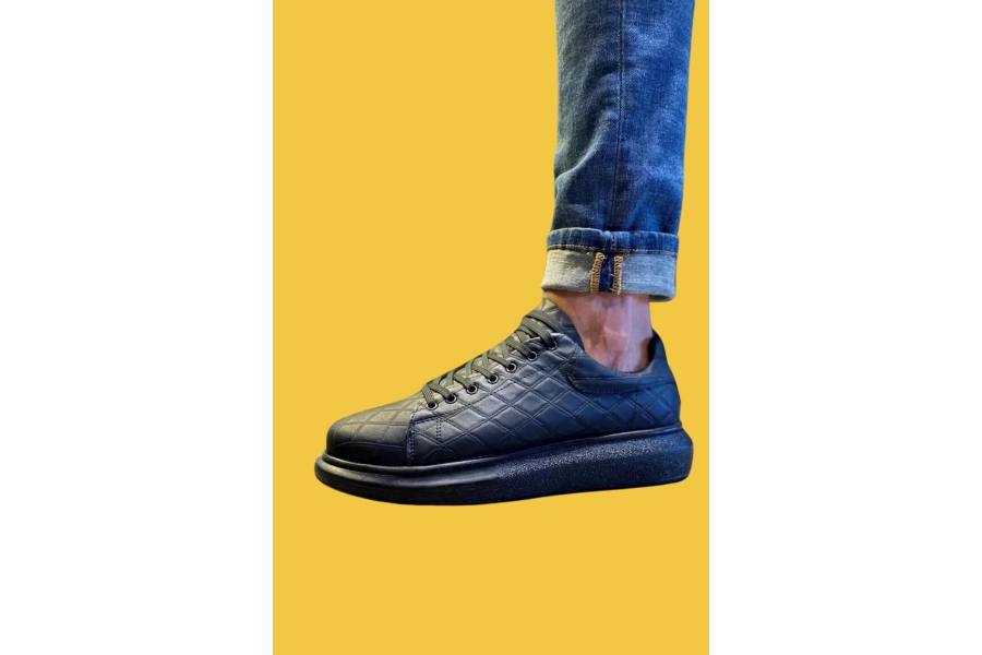 Shoecide Bağcıklı Rahat Yüksek Taban Siyah Kapitone Desen Erkek Günlük Ayakkabı 044 (siyah Taban)