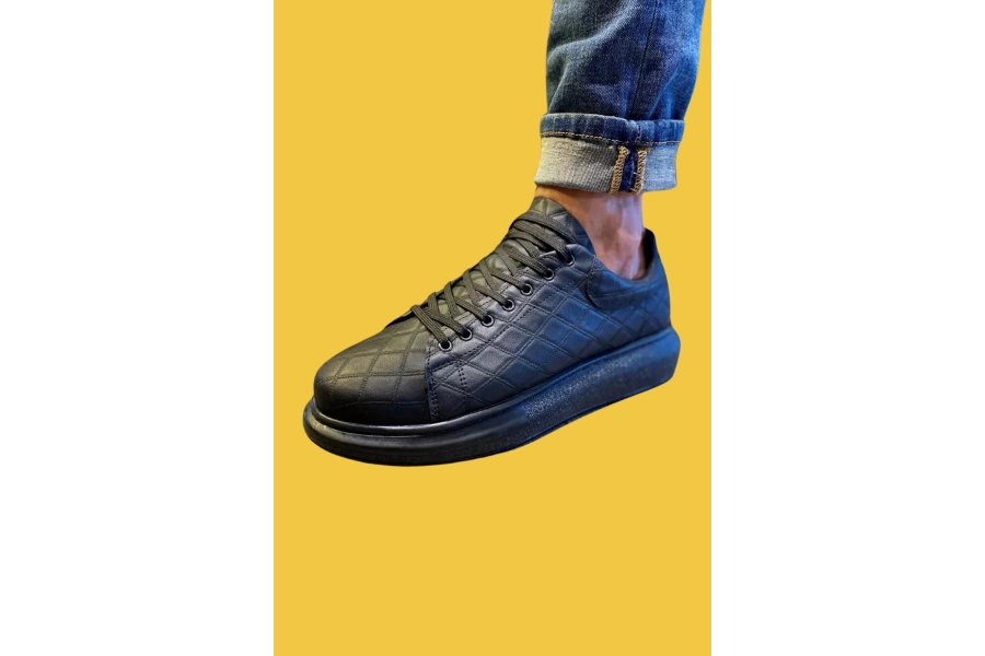 Shoecide Bağcıklı Rahat Yüksek Taban Siyah Kapitone Desen Erkek Günlük Ayakkabı 044 (siyah Taban)
