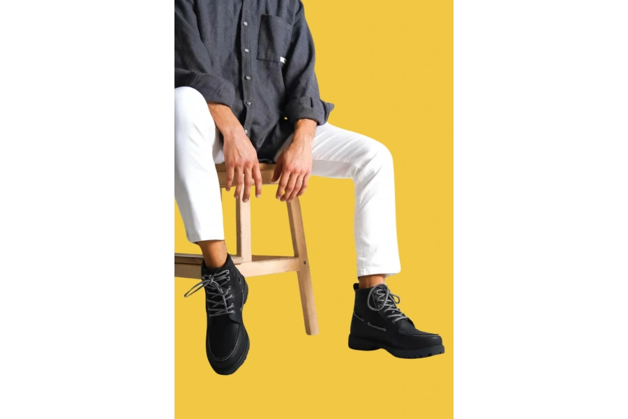 Shoecide Bağcıklı Yüksek Taban Saraç Dikişli Siyah Erkek Loafer Bot B-020 (siyah Taban)