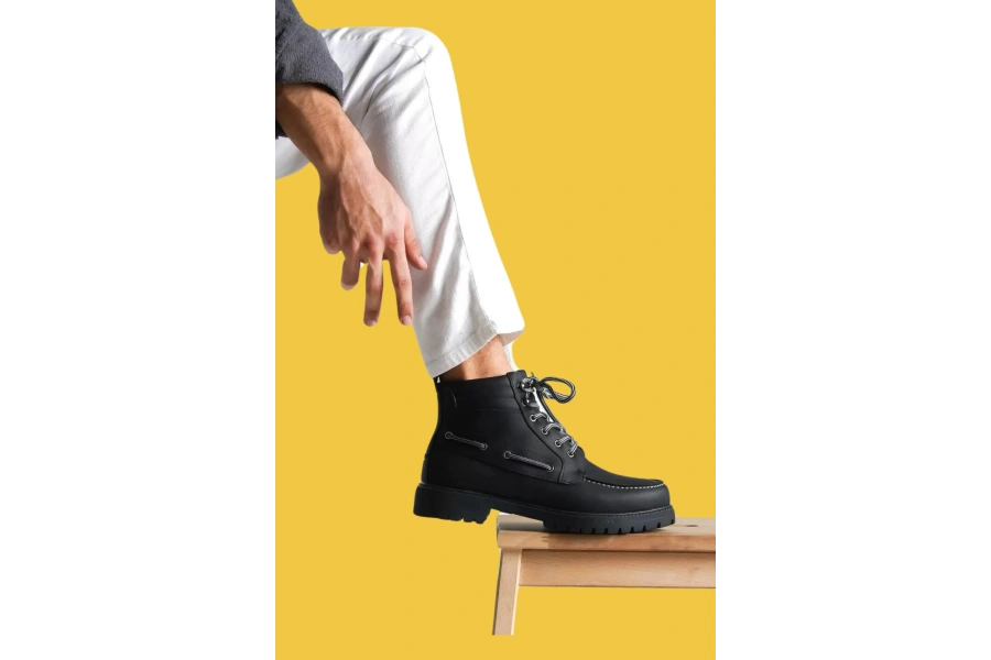 Shoecide Bağcıklı Yüksek Taban Saraç Dikişli Siyah Erkek Loafer Bot B-020 (siyah Taban)