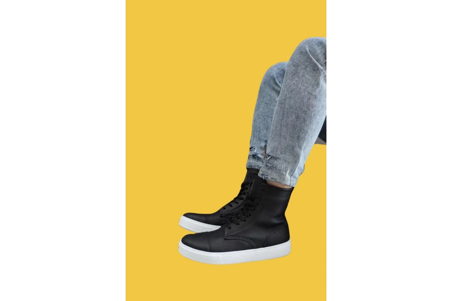Shoecide Bağcıklı Yüksek Taban Siyah Erkek Spor Bot 022 (beyaz Taban)