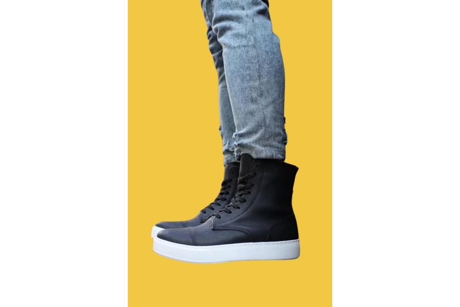 Shoecide Bağcıklı Yüksek Taban Siyah Erkek Spor Bot 022 (beyaz Taban)