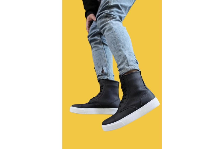 Shoecide Bağcıklı Yüksek Taban Siyah Erkek Spor Bot 022 (beyaz Taban)