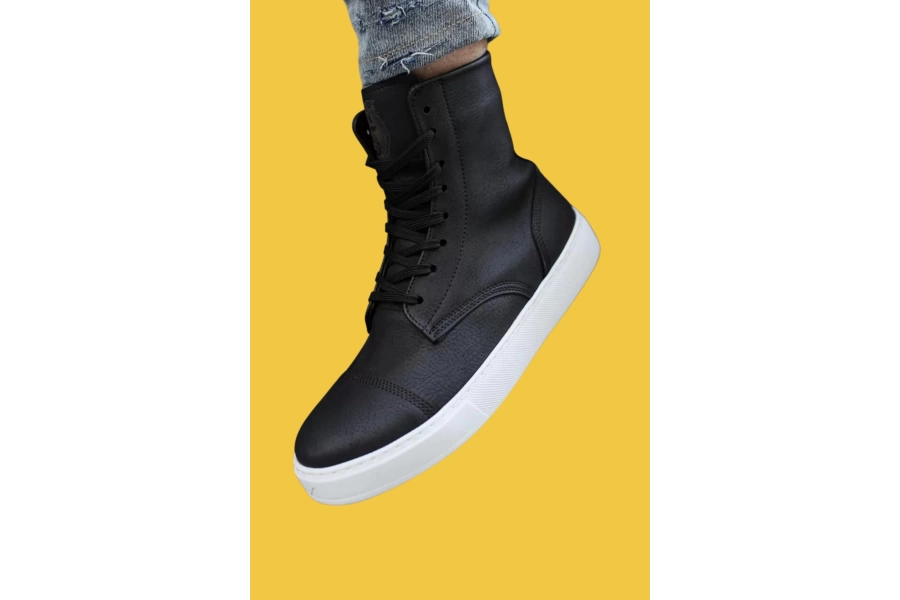 Shoecide Bağcıklı Yüksek Taban Siyah Erkek Spor Bot 022 (beyaz Taban)
