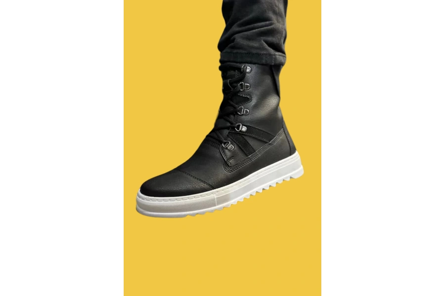 Shoecide Bağcıklı Yüksek Taban Siyah Erkek Spor Bot B12 (beyaz Taban)