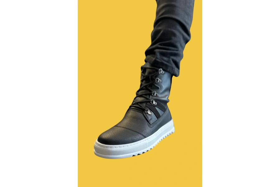 Shoecide Bağcıklı Yüksek Taban Siyah Erkek Spor Bot B12 (beyaz Taban)