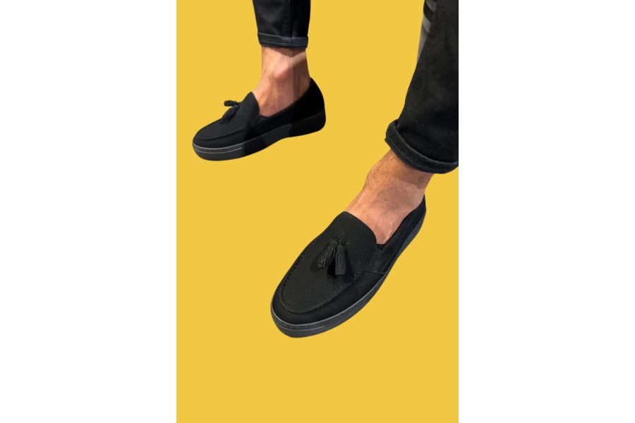 Shoecide Bağcıksız Püsküllü Rahat Yüksek Taban Siyah Süet Günlük Spor Klasik Ayakkabı 717