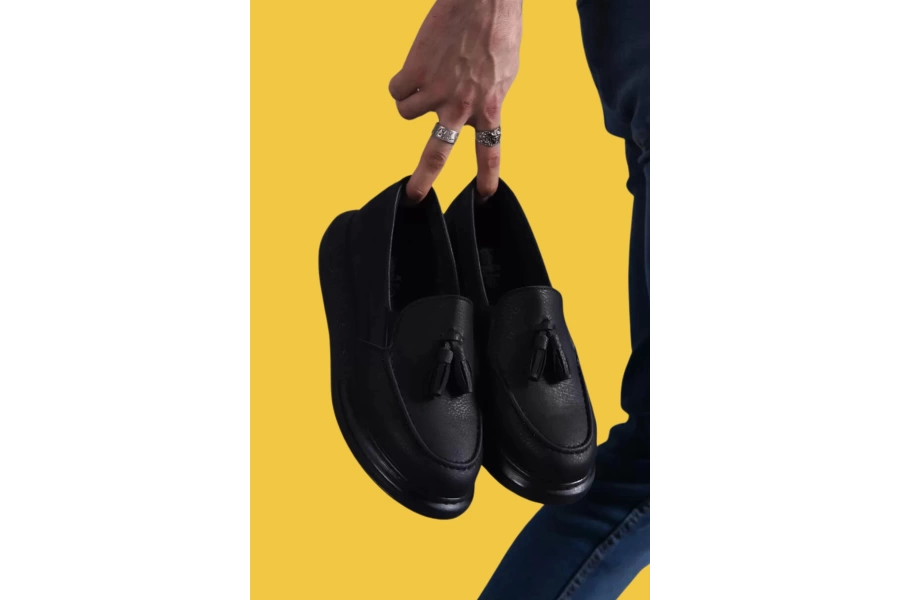 Shoecide Bağcıksız Püsküllü Siyah Erkek Günlük Spor Klasik Ayakkabı 818 (siyah Taban)