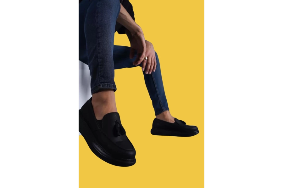 Shoecide Bağcıksız Püsküllü Siyah Erkek Günlük Spor Klasik Ayakkabı 818 (siyah Taban)