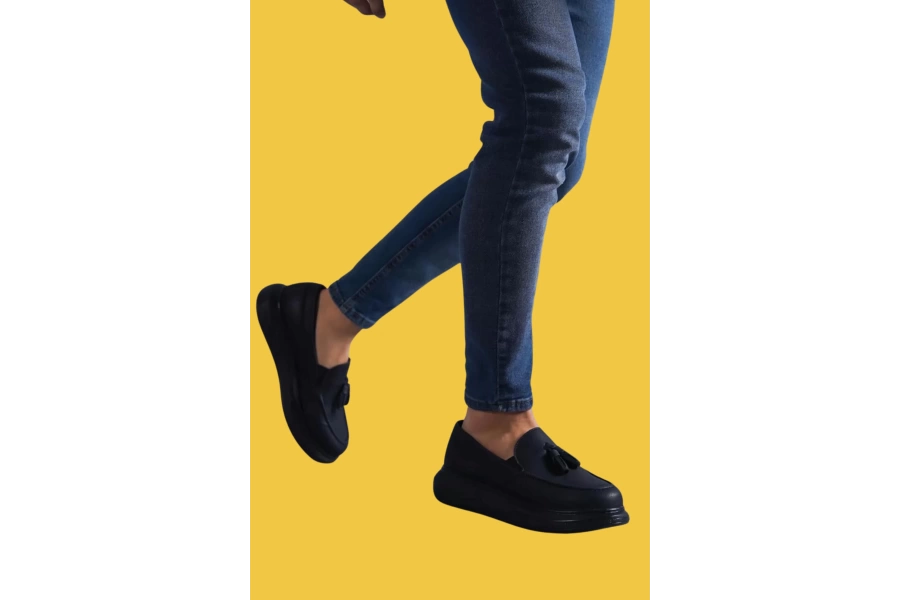 Shoecide Bağcıksız Püsküllü Siyah Erkek Günlük Spor Klasik Ayakkabı 818 (siyah Taban)