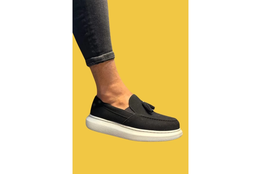 Shoecide Bağcıksız Püsküllü Siyah Süet Erkek Günlük Spor Klasik Ayakkabı 818 (beyaz Taban)