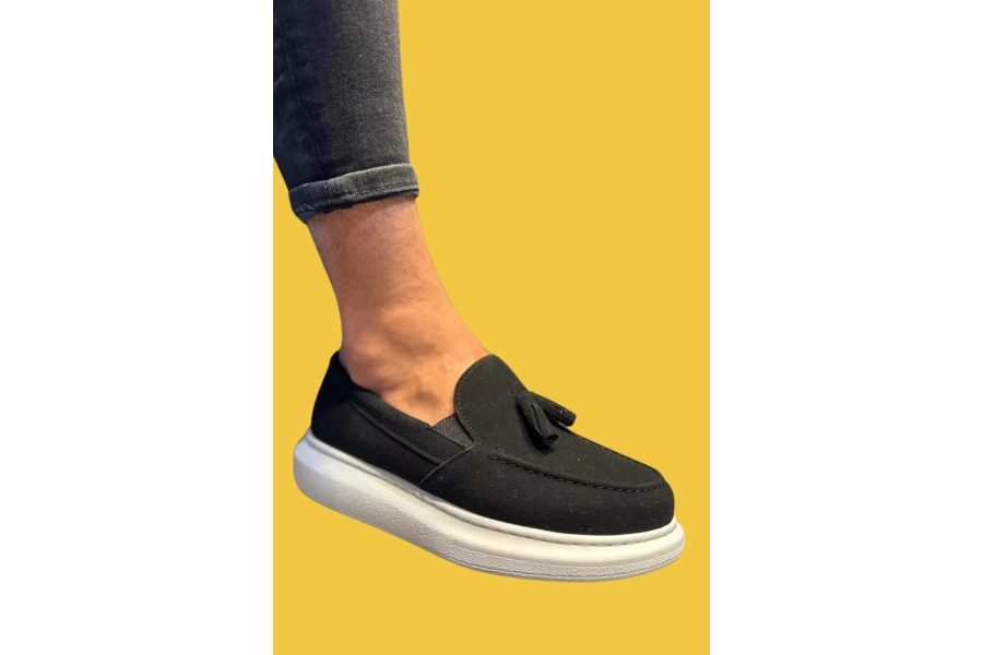 Shoecide Bağcıksız Püsküllü Siyah Süet Erkek Günlük Spor Klasik Ayakkabı 818 (beyaz Taban)